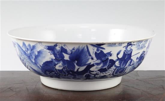 A Chinese blue and white European subject bowl, late 18th / early 19th century, 27cm, damage